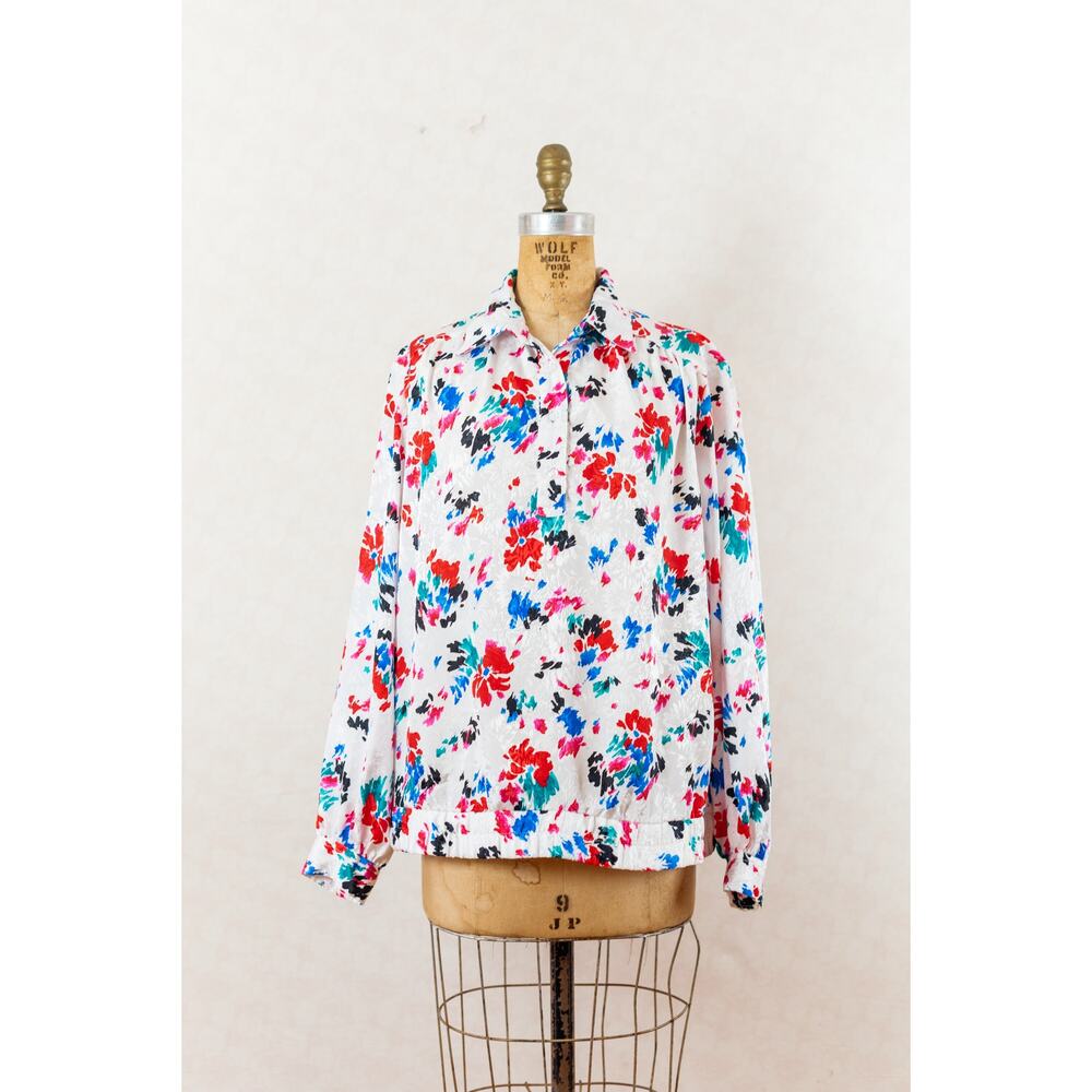Vintage 80s Oversize Bright Watercolors Florals Art Teacher Silky Blouse, Med